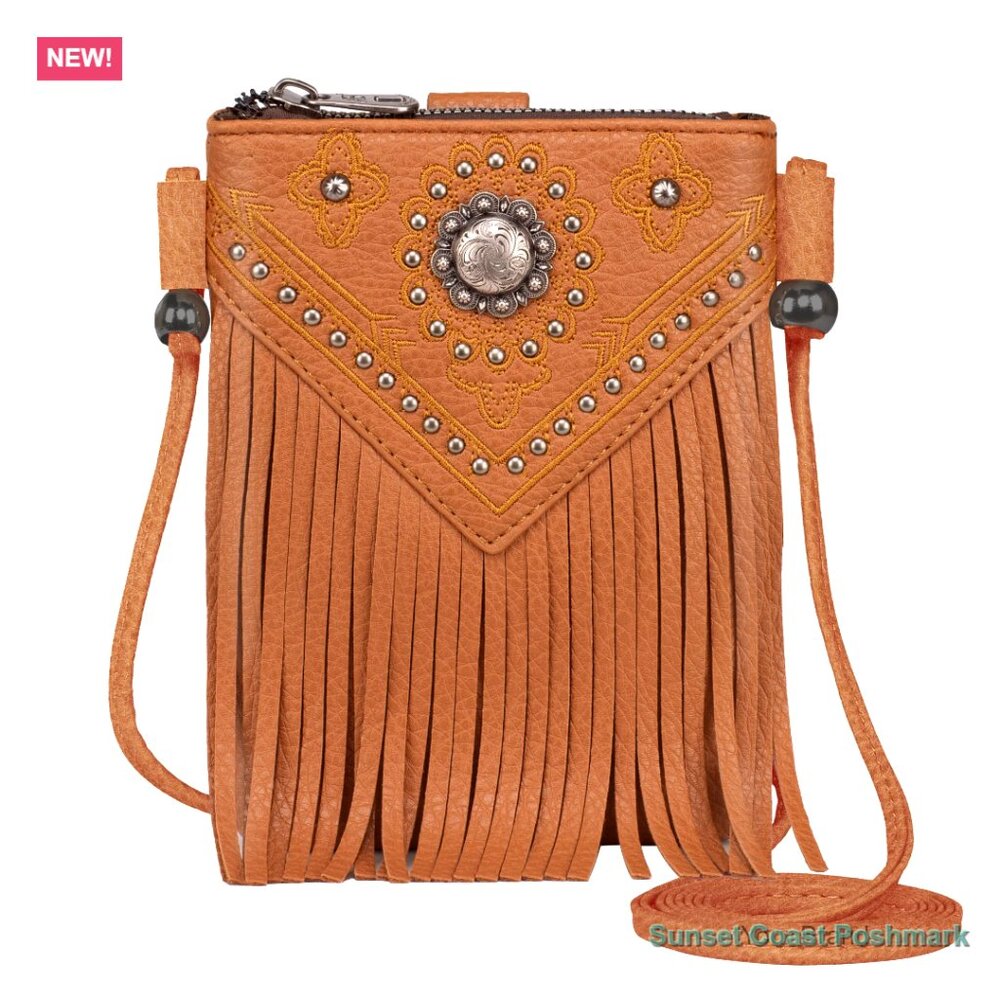 Faux Leather Crossbody Phone Purse with Leather Fringe and Studs